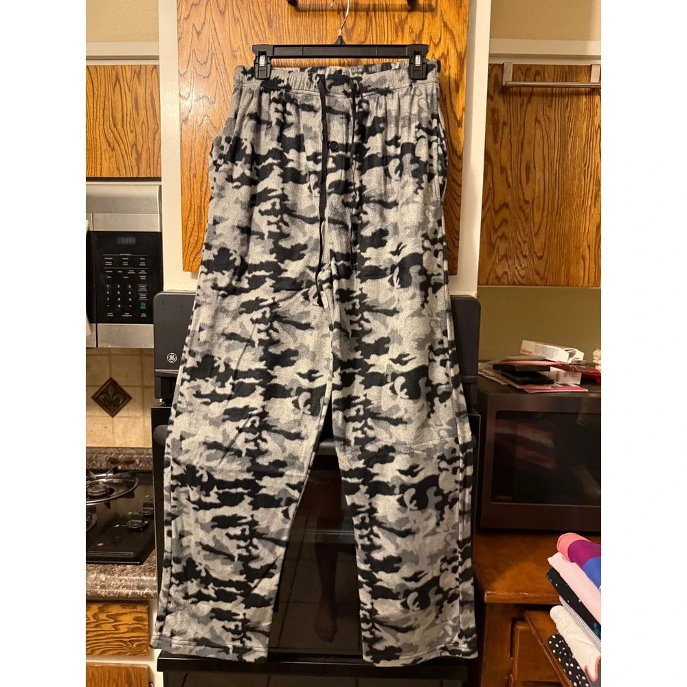 Open Trails Mens Fleece Pajama Pants Grey Black Camo Lounge Sleepwear Size M‎